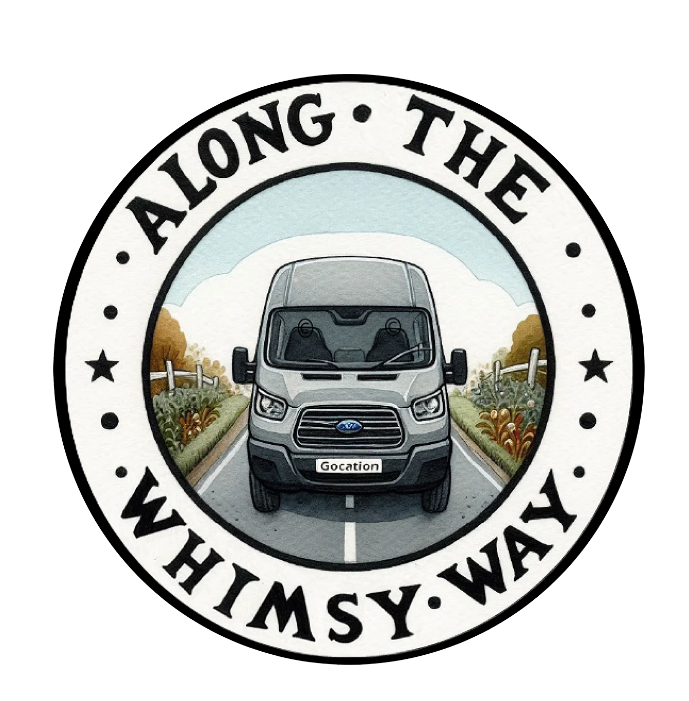 Logo for Along the Whimsy Way featuring a vintage van driving through countryside with “Gocation” license plate.