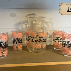 Vintage pink floral glass pitcher set with four matching tumblers, mid-century 1960s