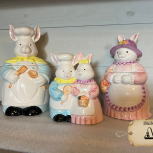 Vintage Chef Rabbit cookie jar set with three ceramic bunny canisters in pastel colors