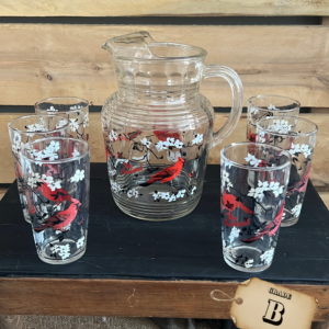 Vintage Hazel-Atlas cardinal and dogwood glass pitcher set with six matching tumblers