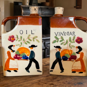 Vintage oil and vinegar cruet set with salt and pepper shakers, hand-painted ceramic folk art design